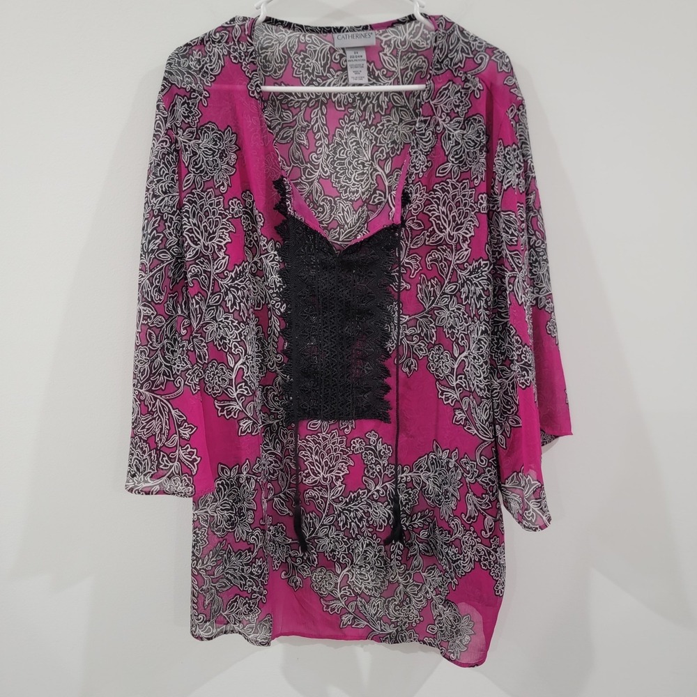 Catherines Womens Top Size 2X Floral Pink Boho Tasseled Semi Sheer Colorful